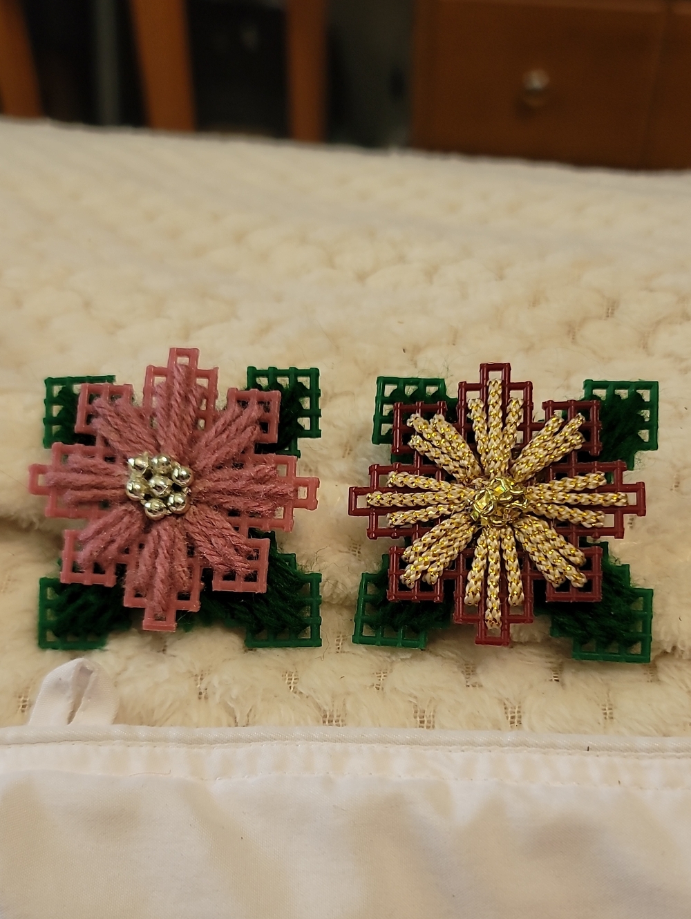 Set Of 2 Handmade Pink & Gold Floral Brooches with Green Plastic Accents (48)